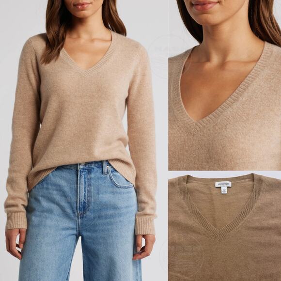 Nordstrom Sweaters - Nordstrom S Cashmere V-Neck Sweater | Soft Tan Beige, Classic, Minimalist